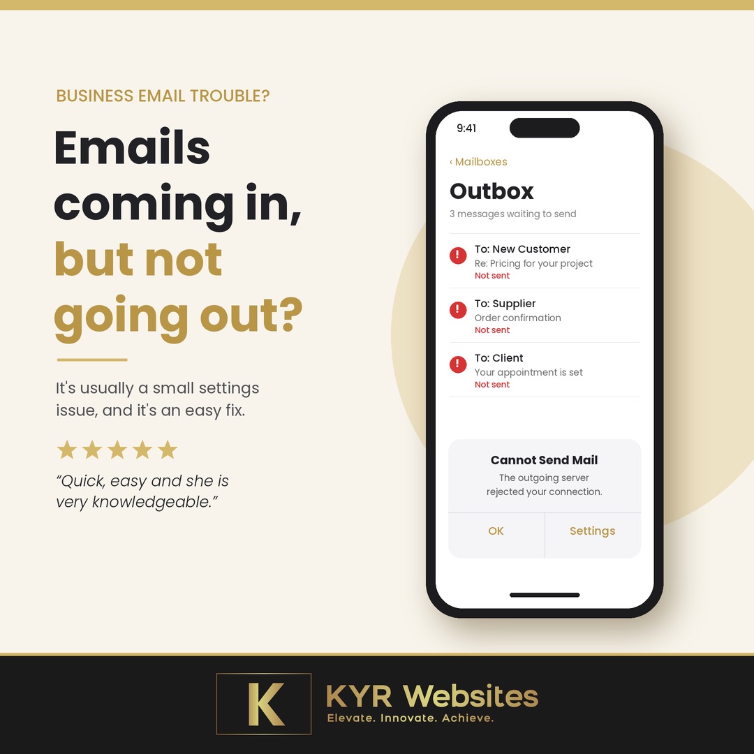 Phone outbox with three unsent messages and a Cannot Send Mail alert