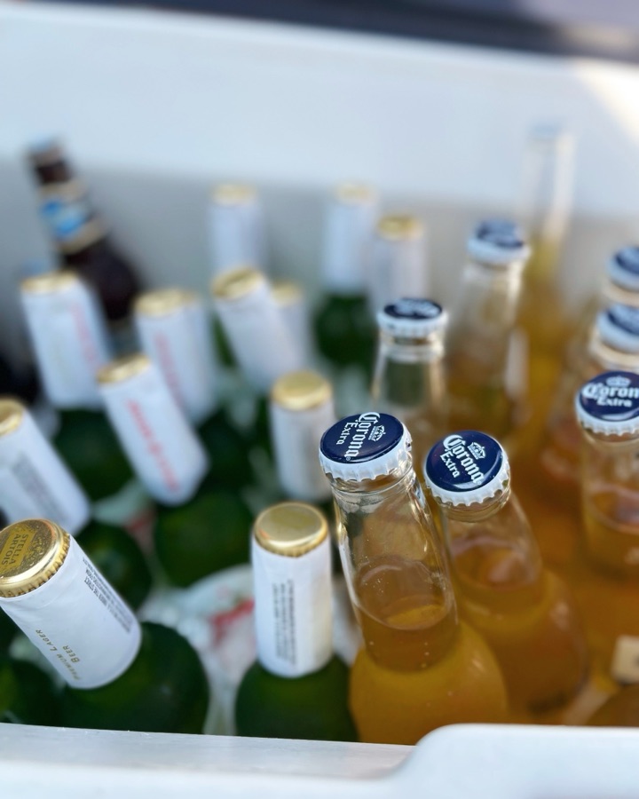 Bottled drinks chilling on ice