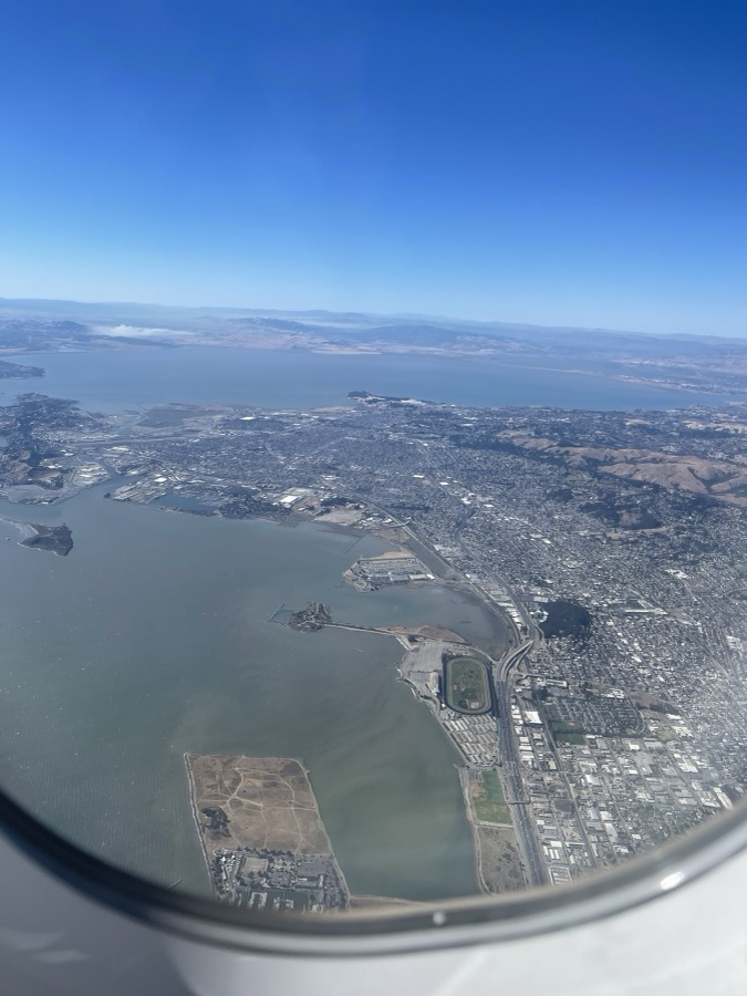 Aerial view of the San Francisco Bay from an airplane window