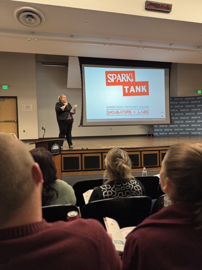 Speaker presenting on stage at a Spark Tank event