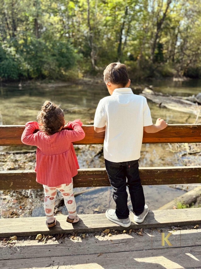 Two children looking over a wooden bridge railing at a creek