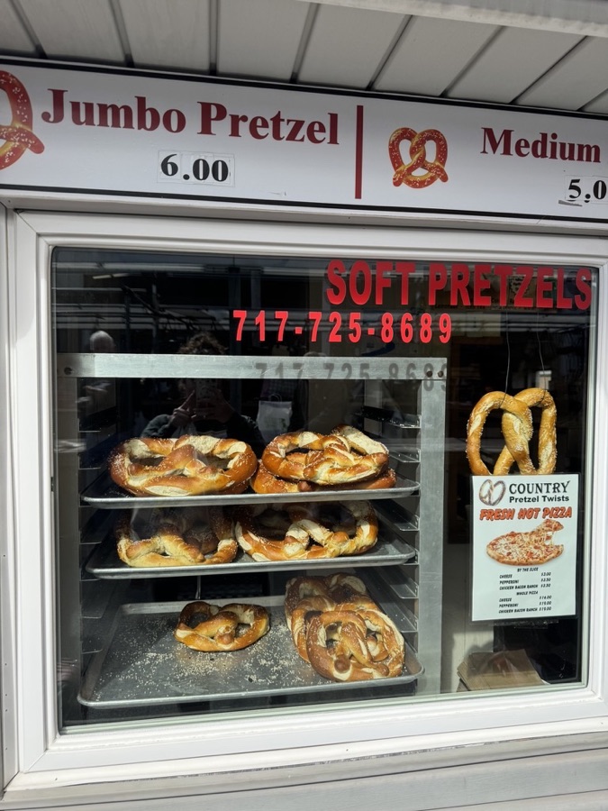 Soft pretzel display case at a pretzel stand