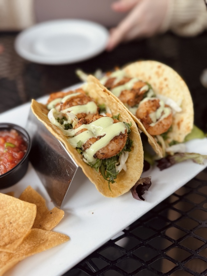 Shrimp tacos with chips and salsa