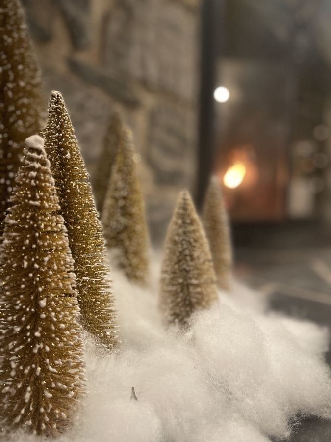 Gold bottle-brush trees in faux snow with warm lights behind