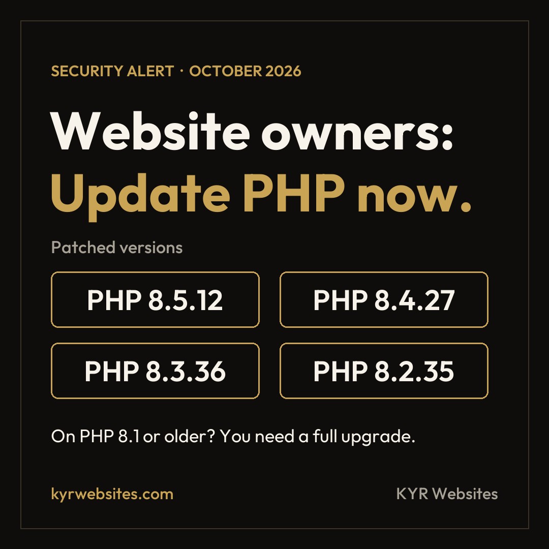 Website owners: Update PHP now. Patched versions: PHP 8.5.12, 8.4.27, 8.3.36, and 8.2.35. On PHP 8.1 or older? You need a full upgrade.