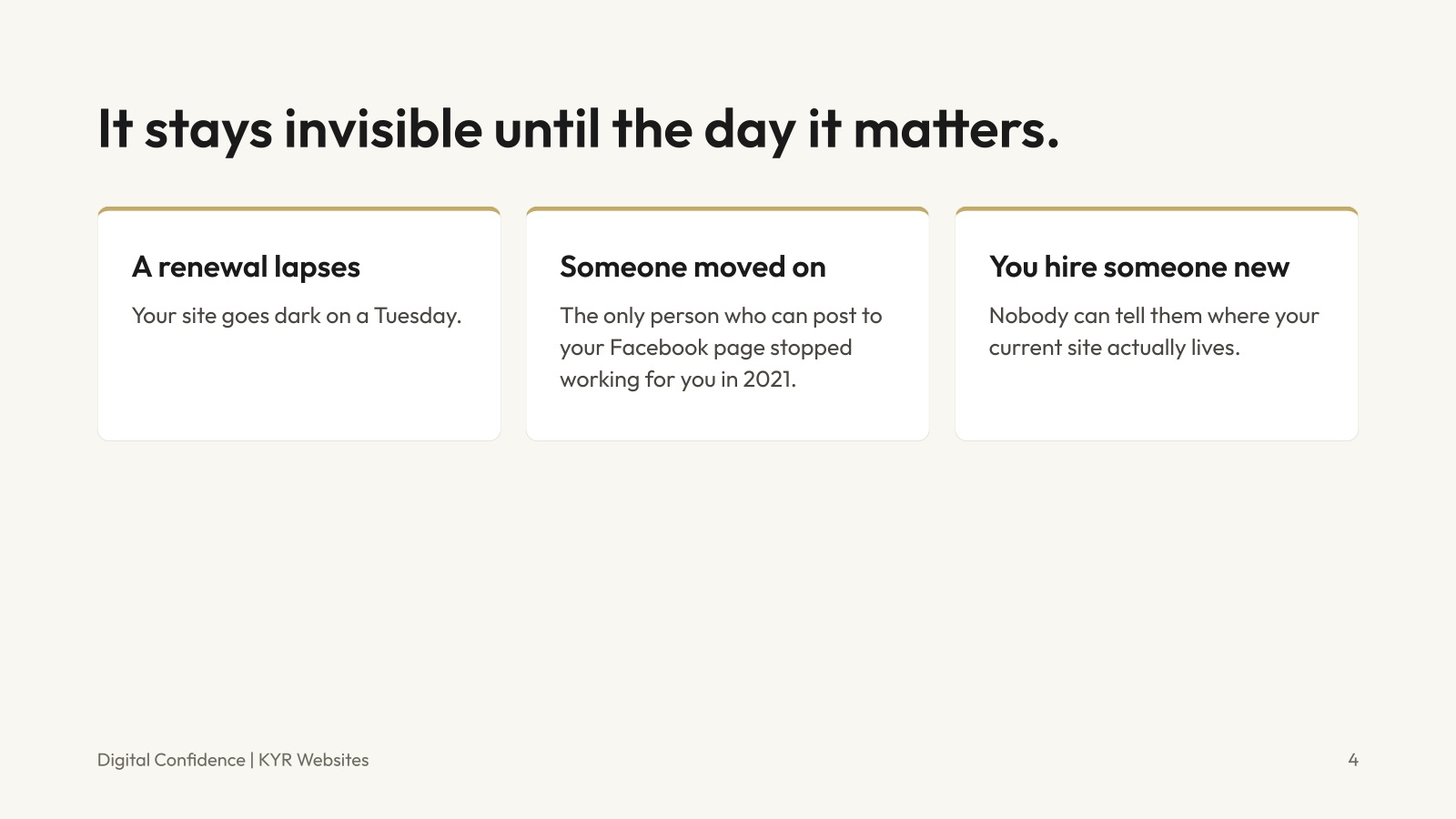 It stays invisible until the day it matters: a renewal lapses, someone moves on, or you hire someone new and nobody knows where your site lives.