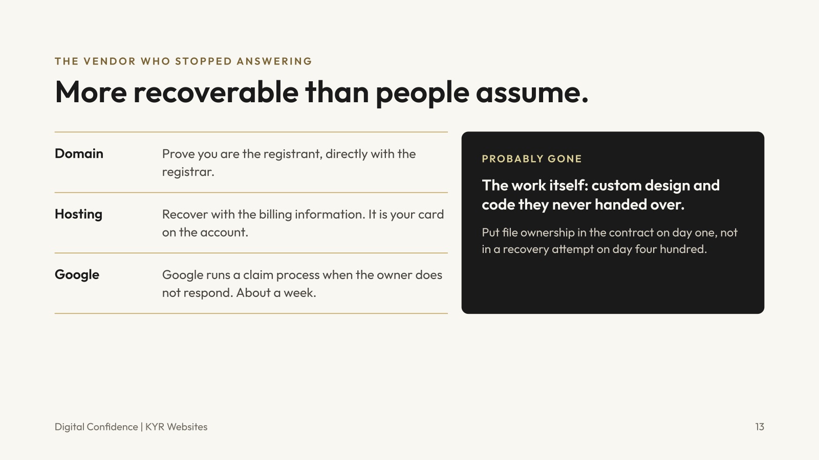 The vendor who stopped answering: your domain, hosting, and Google profile are more recoverable than people assume.