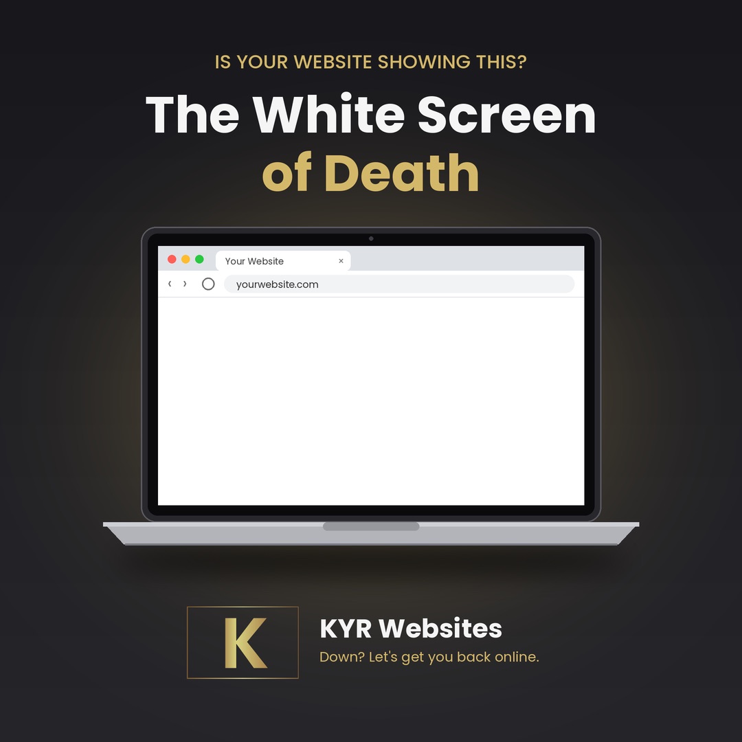 Laptop showing a blank white web page under the headline The White Screen of Death