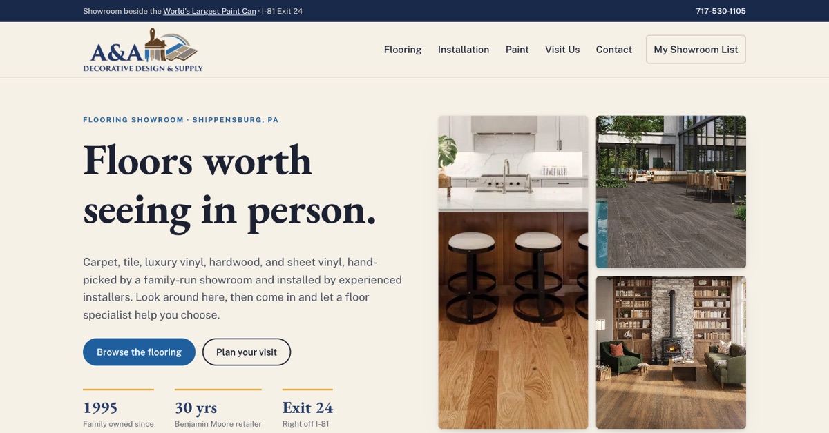 Homepage of the A & A Decorative Design & Supply website
