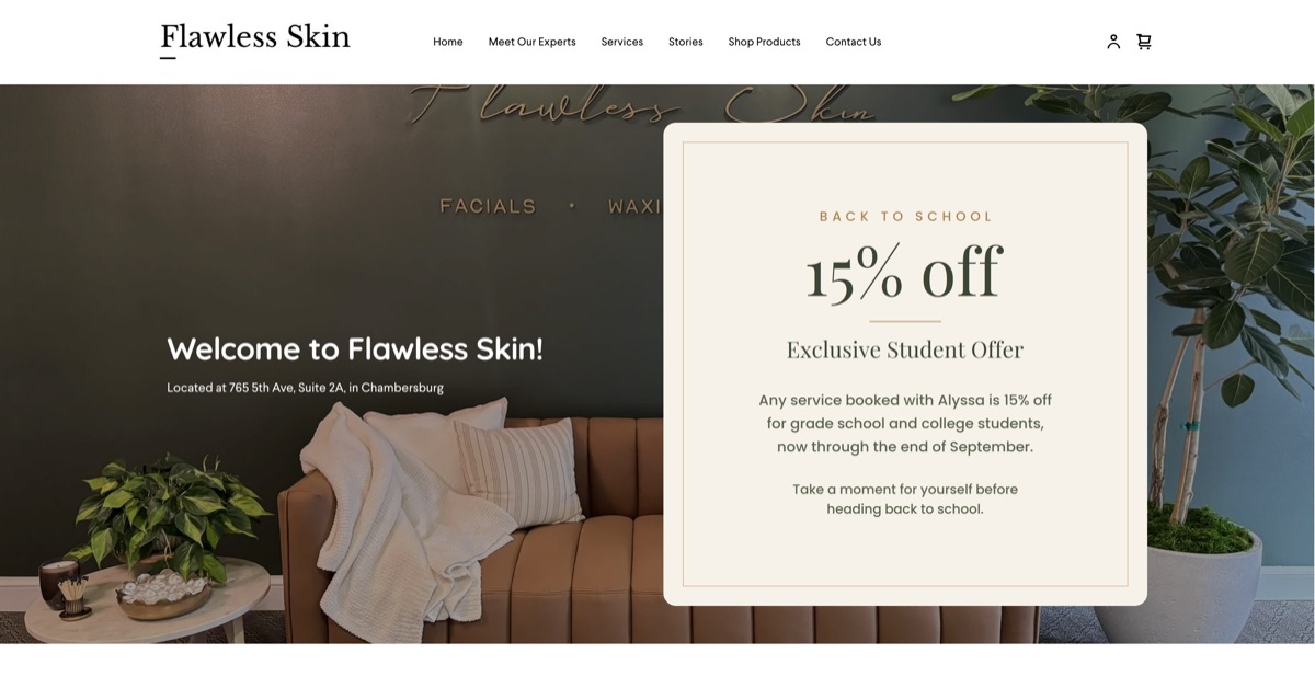 Homepage of the Flawless Skin website