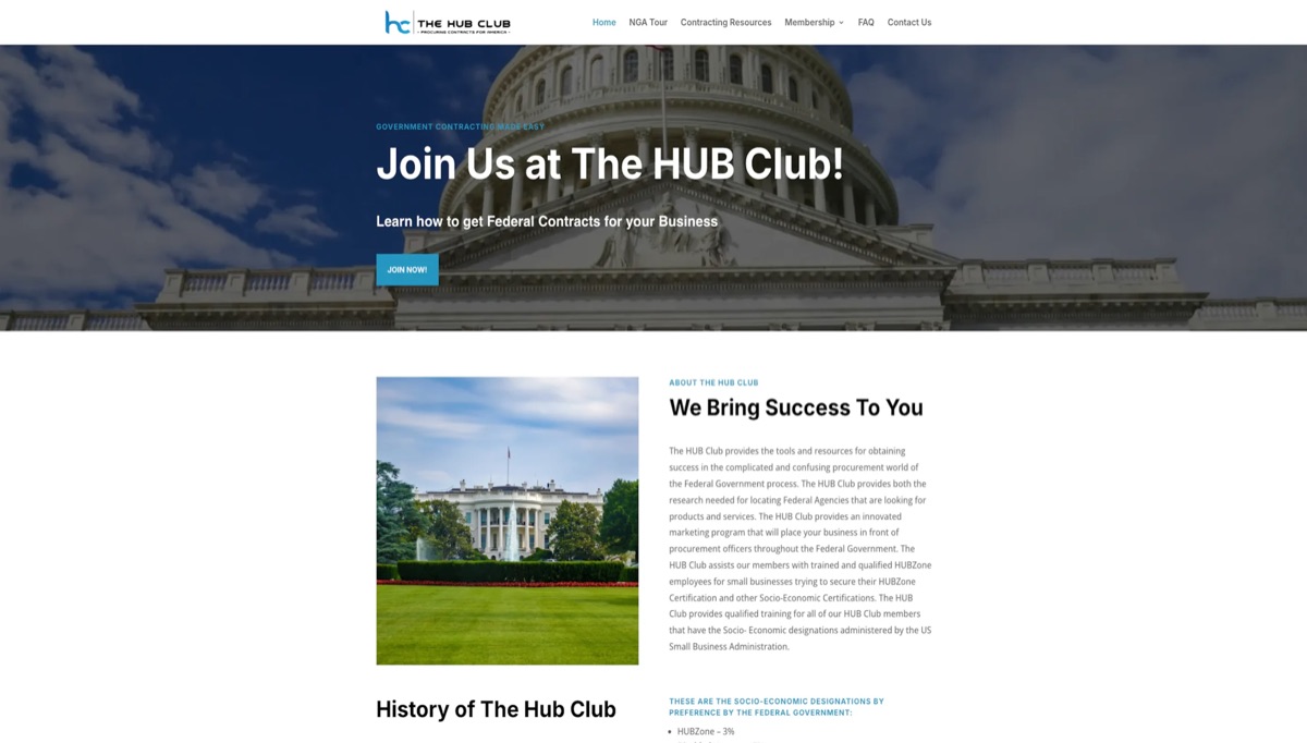 Homepage of the The Hub Club website