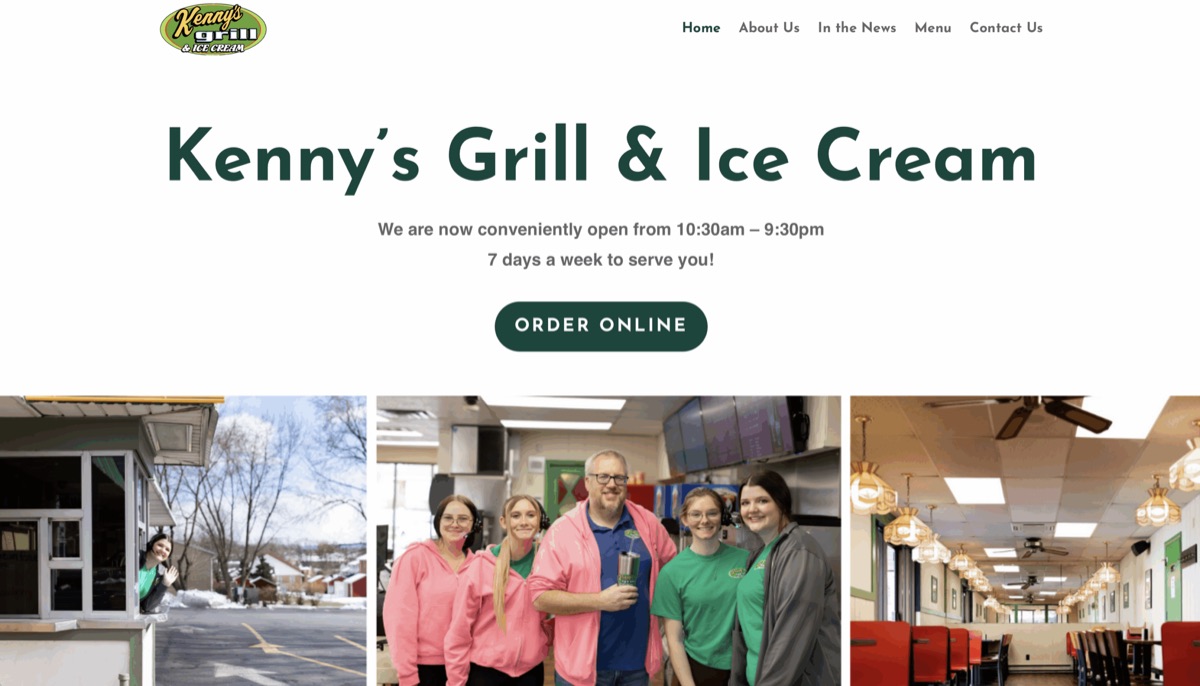 Homepage of the Kenny's Grill & Ice Cream website
