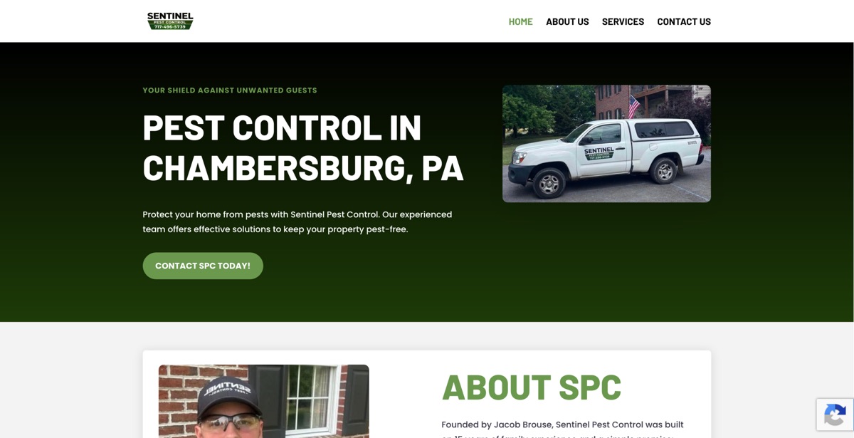 Homepage of the Sentinel Pest Control website